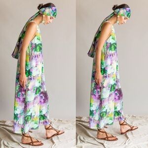 Psophia Watercolor Flowy Midi Dress with Belt